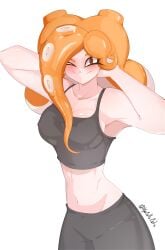 1girls 2025 2d_(artwork) arya_(kyocallscats) blush blushing digital_drawing_(artwork) digital_media_(artwork) female female_focus female_only hair_over_one_eye kyocallscats navel nipples_visible_through_bra octoling octoling_girl octoling_rival orange_hair pose splatoon splatoon_3 sports_bra sports_shorts sportswear stretching tentacle tentacle_hair twitter_username waist watermark wink winking winking_at_viewer