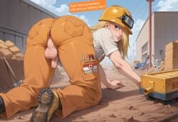 1boy ai_generated back_view bara blonde_hair blue_eyes construction_site construction_worker deidara femboy goth helmet looking_at_viewer naruto naruto_(series) on_knees pale_skin panties presenting pubic_hair small_penis smirk solo_focus