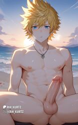 ai_generated balls beach erection front_view kingdom_hearts male male_only naked nipples penis pubic_hair rin_kurtz roxas sand sitting solo sunset thighs yaoi