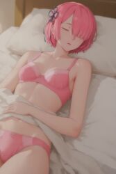 1girl 1girls ai_generated bed closed_eyes female female_focus female_only on_bed pink_bra pink_hair pink_panties ram_(re:zero) re:zero_kara_hajimeru_isekai_seikatsu short_hair sleeping zelanell