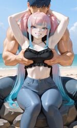 ai_generated armpits bangs beach blue_eyes blue_hair breast_grab_from_behind crop_top frilled_top gradient_hair hands_up jeans long_hair long_sidelocks looking_at_viewer medium_breasts muscular_male navel original_character pale_skin pink_hair plopendil sitting smile straight tight_pants two-tone_hair