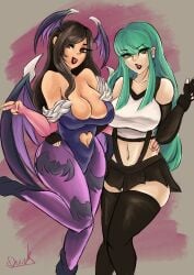 bat_wings breasts bridal_gauntlets brown_hair capcom cleavage cosplay costume_switch covered_navel crossover darkstalkers final_fantasy final_fantasy_vii green_eyes green_hair hand_on_hip large_breasts leotard long_hair miniskirt morrigan_aensland morrigan_aensland_(cosplay) pantyhose rdusk rdusk_huntress red_eys skimpy_clothes square_enix tagme thighhighs tifa_lockhart tifa_lockhart_(cosplay) topwear very_long_hair wings