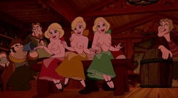 artist_request beauty_and_the_beast blonde_hair breasts claudette_(red) disney edit female laurette_(yellow) lipstick long_hair nipples paulette_(green) screenshot screenshot_edit smile the_bimbettes the_triplets topless