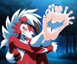 ai_generated anthro background black_toenails claws feet feet foot_fetish fuealahomg fur furry furry_only high_resolution highres legs lycanroc muscles muscular muscular_male painted_toenails pink_soles pokemon pokemon_(species) red_eyes red_fur shy smile smiling_at_viewer soles soles_fetish solo solo_male sweat sweatdrop sweating sweaty_soles tagme thighs thighs_together toe_claws toenail_polish toenails toes white_fur wolf wolf_ears wolf_humanoid wrinkled_soles