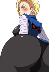 1girls android_18 angry ass ass_focus back blonde_hair blue_eyes blush breast closed_mouth clothes dragon_ball dragon_ball_z erodon_hearts female large_breast looking_at_viewer looking_back looking_down nipples_visible_through_clothing pov_ass short_hair sideboob solo standing