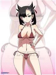 artist_logo artist_name big_breasts bikini_bottom bikini_top black_hair breasts female game_freak green_eyes hand_on_hip hand_on_own_hip hourglass_figure layerth looking_at_viewer marnie_(pokemon) nintendo pokemon pokemon_ss solo thick_thighs topwear zoom_layer