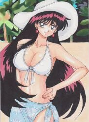 1girls alluring beach big_breasts bikini bikini_top_only bishoujo_senshi_sailor_moon black_hair blue_eyes closed_mouth colored_skin earrings hand_on_own_hip hat high_res hot jewelry long_hair rascal_(n119) rei_hino sailor_mars skinny_female smile solo_focus swimsuit white_bikini white_hat white_skin