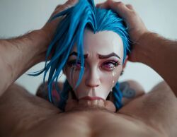 1girl1boy ai_generated asphyxiation athletic_female blowjob blue_hair choking_on_cock death_by_penis deepthroat eyes_rolling_back face_fucking fellatio human jinx_(league_of_legends) league_of_legends light-skinned_male male penis pink_eyes pov snuff submissive tears throat_fuck