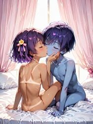 1boy1girl ass belly_button blue_skinned_male closed_eyes cute_boy femboy fingers flower_in_hair kissing naked nipples pillow pink_curtains pink_ribbon purple_hair sex tan_lines tanned_female tanned_skin white_bed_sheet