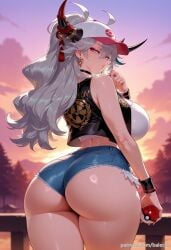 ai_generated azur_lane balecxi bare_shoulders baseball_cap black_nails curvy denim denim_shorts earrings female from_behind hakuryuu_(azur_lane) hat hilda_(pokemon)_(cosplay) holding holding_poke_ball horns huge_ass jewelry large_breasts long_hair looking_at_viewer looking_back outdoors poke_ball short_shorts solo sunset thick_thighs vest