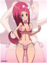 artist_logo artist_name big_breasts bikini bikini_bottom bikini_top blue_eyes bottomwear breasts game_freak hairbow hand_on_hip hand_on_own_hip hourglass_figure layerth long_hair long_ponytail long_red_hair looking_at_viewer nursery_aide_(pokemon) penelope_(pokemon) pink_bikini_bottom pink_bikini_top pink_theme pokemon pokemon_(anime) pokemon_xy ponytail red_hair thick_thighs zoom_layer