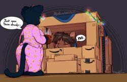 0r0ch1 amazon_(company) ambiguous_gender anthro ass back_view barefoot beverage big_ass big_breasts big_feet black_body black_fur box box_fort breasts brown_body brown_fur brown_hair cardboard cardboard_box christmas_decorations christmas_lights chubby_female closed_eyes clothed clothing container couple cup dialogue domestic_cat duo english_text equid equine felid feline felis female fully_clothed fur furry grey_background hair head_tuft holding_container holding_cup holding_object horse looking_at_another mae_(nitw) mae_borowski mammal monotone_body monotone_fur mug night_in_the_woods overweight overweight_female pajamas pink_clothing pizza_slice red_alert_(0r0ch1) reda_(shin0r0z) short_stack simple_background sleepy speech_bubble standing text tuft