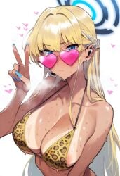 1girls ai_generated big_breasts blue_archive halo hand_gesture heart_glasses leopard_print_bikini nipples_visible_through_clothing pahupahu_jk sweating tanline tanned toki_(blue_archive) v_sign