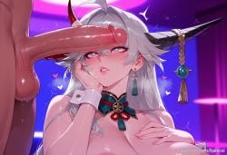 1boy ai_generated asymmetrical_horns azur_lane balecxi blush breasts earrings erection female hakuryuu_(azur_lane) hand_on_own_chest heart heart-shaped_pupils long_hair penis_awe solo_focus straight symbol-shaped_pupils testicles uncensored white_hair