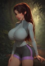 1girls ai_generated blush brown_hair civitai covered_breasts forest huge_breasts jurassic_park jurassic_world jurassic_world_camp_cretaceous long_hair mamely32 outdoors ponytail shorts solo yasmina_fadoula_(jurassic_world)