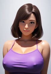 1girls ai_generated brown_hair cleavage grey_eyes large_breasts light-skinned_female looking_at_viewer medium_hair nipple_outline sfw smile solo tank-top tank_top