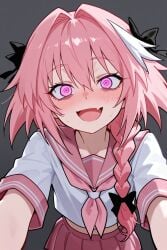 1boy ai_generated astolfo_(fate) black_bow blush bow crazy crazy_eyes crazy_smile glowing_eyes nose_blush otoko_no_ko pink_hair purple_eyes school_uniform skin_fang streaked_hair white_streak yandere