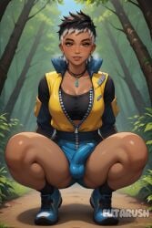 1futa ai_generated artist_name black_hair brown_eyes bulge bulge_through_clothing bulge_under_clothes futanari futarush gradient_hair multicolored_hair patreon patreon_username riot_games sultryspark valorant waylay_(valorant) white_hair