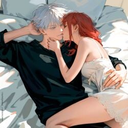 1boy 1girls ai_generated bare_legs bare_thighs camisole chainsaw_man company_connection crossover crossover_pairing female gojo_satoru gojou_satoru jujutsu_kaisen light-skinned_female light-skinned_male light_skin makima_(chainsaw_man) male male/female on_bed red_hair romantic satoru_gojo straight suggestive suggestive_pose white_hair