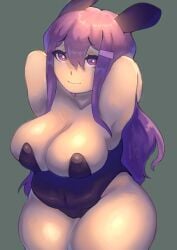 big_breasts breasts bunnysuit chubby chubby_female cleavage doki_doki_literature_club purple_eyes purple_hair sour_yams thick yuri_(doki_doki_literature_club)