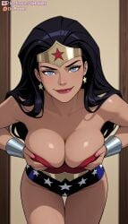 1girls ai_generated bent_over black_hair blue_eyes breast_squeeze breasts dc_comics dcau dizbabes earrings female looking_at_viewer smile stable_diffusion tiara wonder_woman wristbands