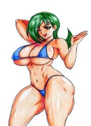 1girls bikini breasts female green_eyes green_hair julio-leo looking_at_viewer mature mature_female mrs._mizuki_(yu-gi-oh!_zexal) muscular_legs navel one_arm_up one_eye_closed solo voluptuous white_background yu-gi-oh! yu-gi-oh!_zexal