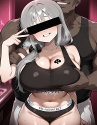 1boy ai_generated aifurryv2 bangs bare_shoulders black_bra black_clothes black_panties black_underwear blacked blacked_clothing blush body_writing bra breast_grab breasts censored cheating_(relationship) clavicle cleavage clothing curvaceous dark-skinned_male dark_skin female grabbing green_hair grey_hair grin groping hair_over_shoulder hair_scrunchie huge_breasts identity_censor indoors interracial large_breasts long_hair looking_at_viewer male manly mature mature_female muscle navel nipples ntr pants pantsu penis qos_tattoo queen_of_spades scrunchie shirt smile solo_focus sports_bra standing straight sweat tank_top tattoo thick_thighs thighs tied_hair underwear uzaki-chan_wa_asobitai! uzaki_tsuki v white_hair