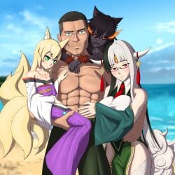 1boy 3girls beach corodere hakutaku hellhound_(monster_girl_encyclopedia) kitsune large_breasts mon-musu_quest! monster_girl_encyclopedia muscular_male smile smiling_at_viewer tamamo_(monster_girl_quest)