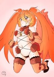 :/ black_nails blush chestnut_mouth duel_masters female fur_bikini kneeling long_nails looking_at_viewer mash_kyrielight_(dangerous_beast)_(cosplay) medium_breasts nervous nervous_sweat queen_lupia,_dragon_queen_phoenix signature thighhighs twintails