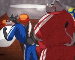 anthro ass ball basketball_(ball) black_body black_butt black_ears black_fur black_tail blue_bottomwear blue_clothing blue_topwear blush bodily_fluids bottomwear bulge canid canine clothed clothing duo fur inside larger_male male mammal nullraihigi overweight overweight_male partially_clothed presenting presenting_hindquarters red_bottomwear red_clothing red_topwear rhinoceros size_difference sweat tail tail_tuft teeth tongue topwear tuft white_bottomwear white_clothing white_topwear