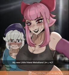 1boy 1girls age_difference big_breasts black_lipstick blushed brawl_stars caption clothed gus_(brawl_stars) kiss_mark kiss_marks lipstick makeup makeup_running melodie_(brawl_stars) melodie_note_(brawl_stars) mommy no_sex rogolderr saliva selfie selfie_pose snapchat social_media