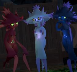3d_(artwork) absurd_res alternate_color big_breasts blue_body blue_clothing blue_eyes breast_size_difference breasts clothing covering covering_crotch covering_self digital_media_(artwork) embarrassed eyelashes eyeliner female floating generation_4_pokemon genitals ghost green_eyes group hat headgear headwear hi_res humanoid long_sleeves looking_at_another lorded makeup mismagius nintendo nipples nude pink_eyes pokemon pokemon_(species) red_body red_clothing shy small_breasts smile smug spirit trio vulva white_body white_clothing witch_hat yellow_sclera