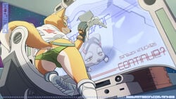 anhes anthro ass boots bulge butt clothed clothing controller dialogue english_text footwear fox fox_mccloud fur gloves green_eyes looking_at_viewer looking_back male male_only mostly_nude nintendo presenting_hindquarters sitting smile solo speedo star_fox television vest video_games