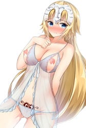 absurdres arm_behind_back babydoll bangs blonde_hair blue_eyes blush breasts closed_mouth collarbone cupless_babydoll dutch_angle eyebrows_visible_through_hair fate/apocrypha fate_(series) female gluteal_fold hair_between_eyes hand_on_own_chest headpiece heart_tattoo highres jeanne_d'arc_(fate) large_breasts long_hair looking_at_viewer moyoron navel negligee nipples panties pubic_tattoo see-through side-tie_panties simple_background solo tattoo thighs underwear white_background