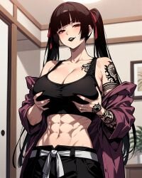 1girls ai_generated athletic_female belt big_breasts black_hair black_lipstick black_pants black_topwear female hime_cut long_twintails muscular_female naughty_expression naughty_smile open_shirt pale_skin ponchoman red_eyes red_ribbons seductive_pose shiny_skin smirking_face solo_leveling tawata_kanae tribal_tattoos twintails voluptuous voluptuous_female