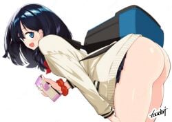 1girls armwear ass ass_out bent_over big_ass black_hair black_skirt blue_eyes bottomwear clothing dat_ass female female_only hair holding_object huge_ass long_hair miniskirt phone skirt smile solo solo_female ssss.gridman takarada_rikka thighs topwear toudori