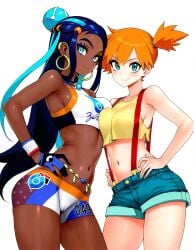 2girls ai_generated aqua_eyes armlet asymmetrical_docking asymmetrical_hair bangs bare_shoulders belly_chain bikini black_hair blue_eyes blue_hair blue_shorts blush breast_press breasts cameltoe closed_mouth clothing cowboy_shot crop_top crop_top_overhang dark-skinned_female dark_skin denim denim_shorts earrings eyelashes eyeliner eyeshadow female female_only gloves green_eyes gym_leader hair_bun hand_on_hip hands_on_hips hoop_earrings jewelry kasumi_(pokemon) kasumi_(pokemon) large_breasts long_hair looking_at_viewer makeup medium_breasts midriff multicolored_hair multiple_girls navel necklace nessa_(pokemon) orange_hair partially_fingerless_gloves pokemon pokemon_(anime) pokemon_(game) pokemon_character ponytail shiny shirt short_hair short_shorts shorts side_ponytail simple_background single_glove single_hair_bun sleeveless sleeveless_shirt smile standing stomach suspenders swimsuit tank_top tankini thick_thighs thighs tied_hair two-tone_hair very_long_hair white_background