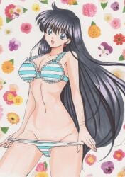 1990s_(style) absurd_res alluring bishoujo_senshi_sailor_moon black_hair bra female female_focus floral_background flower high_res long_hair navel open_mouth panties panty_pull rascal_(n119) rei_hino retro_artstyle sailor_mars smile striped_bra striped_clothes striped_panties underwear