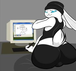 anthro ass balls beanie big_breasts big_butt big_penis blue_eyes breasts bulge bulge_from_behind butt_focus clothing computer digital_media_(artwork) drawing_tablet electronics fur futanari genitals hat headgear headwear hi_res intersex lagomorph legwear leporid looking_back male mammal microsoft microsoft_paint_(artwork) microsoft_windows penis rabbit shirt simple_background smug solo tail tank_top tights topwear villegreen white_body white_fur windows_xp