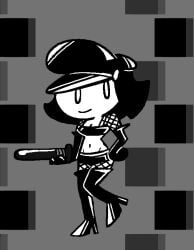 2010s 2014 black_and_white black_gloves black_hair blush boots domino_(nuclearmime) female fishnet_armwear fishnet_stockings fushnets grey_background heel_boots leather leather_boots leather_clothing leather_hat mime mime_girl nightstick nuclearmime one_leg_raised original_character pixel_art short_hair shorts smile solo thighhigh_boots tube_top white_eyes