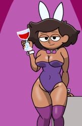 1girls amphibia big_breasts breasts brown_hair bunny_ears bunny_girl bunnysuit clothing dark-skinned_female dark_skin disney disney_channel female glass_cup legs legwear looking_at_viewer milf mrs._boonchuy oum_boonchuy seductive seductive_eyes seductive_look seductive_smile simple_background thai thick_thighs thighs