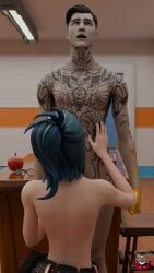 1boy 1girls 3d blender blue_eyes blue_hair classroom fortnite fortnite:_battle_royale handjob hope_(fortnite) midas_(fortnite) nude_female nude_male photo