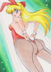 1990s_(style) 1girls absurd_res alluring animal_ears ass back-seamed_legwear bishoujo_senshi_sailor_moon blonde_hair blue_eyes covered_erect_nipples cute detached_collar fake_animal_ears female_focus fishnet_pantyhose fishnets from_behind from_below hair_ribbon high_res insanely_hot leotard long_hair medium_breasts minako_aino pantyhose playboy_bunny rabbit_ears rabbit_tail rascal_(n119) red_leotard retro_artstyle ribbon sailor_venus seamed_legwear spotlight sweat tail wrist_cuffs