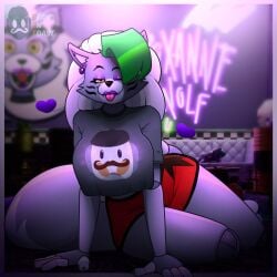 2025 2d 2d_(artwork) 2d_artwork animatronic animatronic_female anthro anthro_female artist_logo artist_name beanontoast big_breasts female five_nights_at_freddy's five_nights_at_freddy's:_security_breach furry furry_female green_hair grey_fur grey_hair purple_earrings purple_eyeshadow purple_lipstick robot robot_girl roxanne_wolf_(fnaf) shorts thick_thighs wolf wolf_ears wolf_girl wolf_tail yellow_eyes