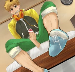 10s 2boys bar_censor blonde_hair blush brown_eyes cum erection foreskin gay headphones headphones_around_neck letterman_jacket male male_only multicolored_hair multiple_boys nagachika_hideyoshi penis pubic_hair socks tokyo_ghoul two-tone_hair yaoi