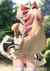 :d animal_ears anus apron ass bow cute_fang fate/grand_order fate_(series) female forest fox_ears fox_tail from_behind hairbow haneru highres leaning_forward long_hair looking_back maid nature open_mouth paws pink_hair presenting puffy_sleeves pussy red_bow skindentation smile solo standing tail tamamo_cat thighhighs tree yellow_eyes zettai_ryouiki