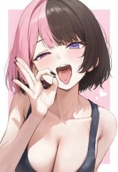 ai_generated blowjob_gesture blush breasts cleavage large_breasts nail_polish naughty_face open_mouth pink_hair purple_eyes short_hair tachibana_hinano_(vtuber) tongue tongue_out two_tone_hair virtual_youtuber vspo!