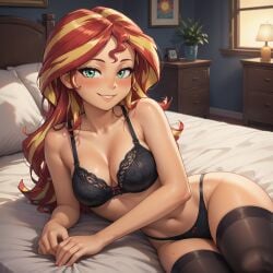 1girls ai_generated bed bedroom black_bra black_panties bra breasts equestria_girls female female_only friendship_is_magic funnyglow144 hasbro lingerie looking_at_viewer my_little_pony on_bed panties solo solo_female stable_diffusion stockings sunset_shimmer thighhighs underwear