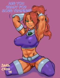 1girls 2018 big_breasts boots bottomless breasts darkeros13 dc female female_only green_eyes kneeling long_hair midriff muscular muscular_female orange_skin red_hair solo starfire starfire_(comics) stockings teen_titans thedarkeros thighhighs