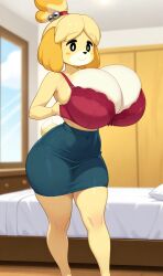 ai_generated animal_crossing bra dog_girl huge_breasts isabelle_(animal_crossing) nintendo skirt